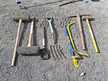 Image of 1x Bowsaw, 3x Garden Forks, 2x Pavers Mallet, 1x Sledge