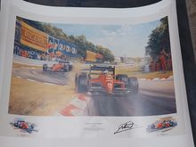 Image of Tribute to Enzo Ferrari by Alan Fearnley Signed by Berger and Alboreto plus Ferrari poster