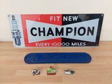 Image of 2x metal signs & 3x pin badges